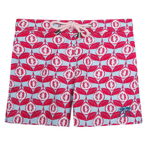 Boys swimming shorts in Guava red print by Lotty B Mustique resort wear