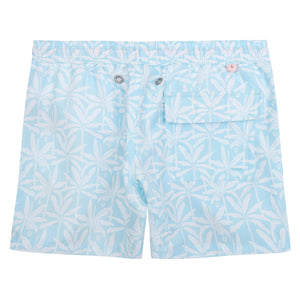 Boys swim trunks : BANANA TREE - PALE BLUE back detail, designer Lotty B for Pink House Mustique Caribbean Kids style