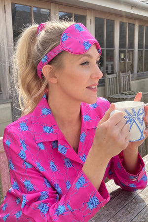 Limited edition pure silk pyjama set with mask & scrunchie in vibrant blue and pink Beetle print by Lotty B Mustique