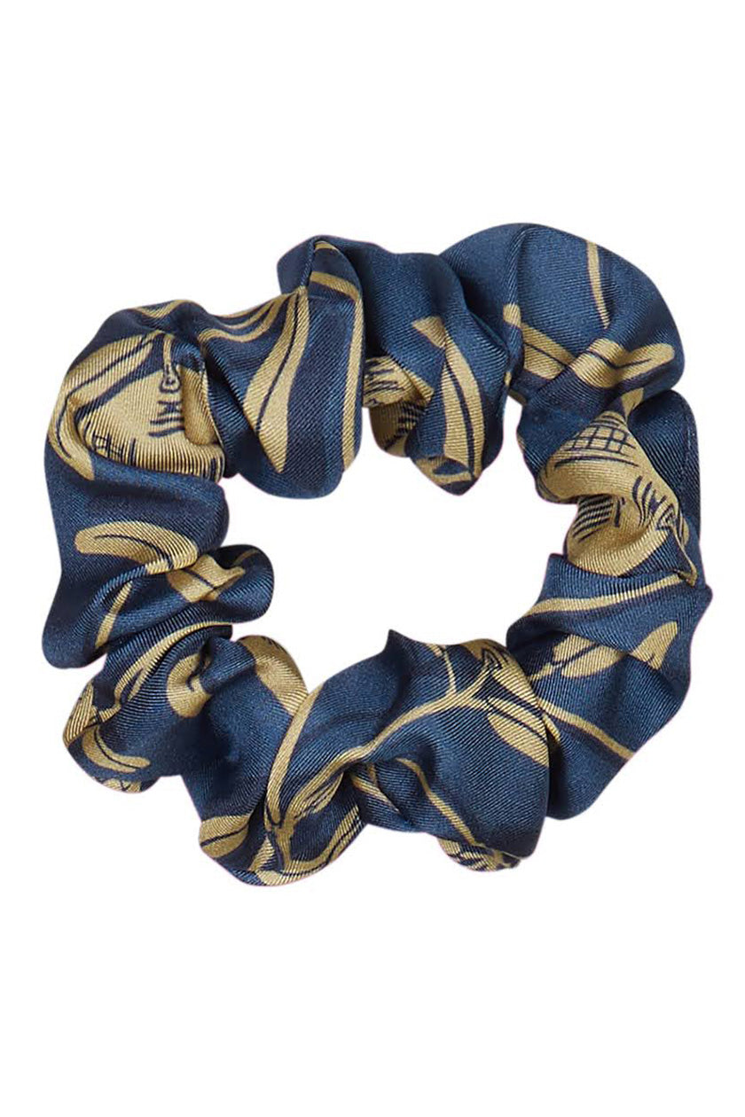 Luxurious silk scrunchie gift set in Gold & Navy Pomegranate print by Lotty B Mustique 