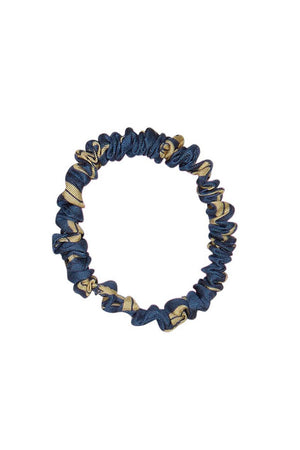 Skinny silk scrunchie in Gold & Navy Pomegranate print by Lotty B Mustique - Handmade in the UK 