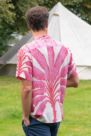 Lotty B mens silk shirt in tropical Banana print sunset pink