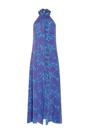 long silk halter neck Dena dress in violet & turquoise blue Protea print by Lotty B Mustique 