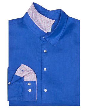 Mens designer Linen Shirt by Lotty B for Pink House Mustique in plain Dazzling Blue