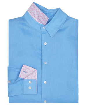 Mens designer Linen Shirt by Lotty B for Pink House Mustique in plain French Blue