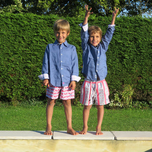 Childrens pure linen navy blue shirt & red blue guava print swim shorts  by Lotty B for Pink House Mustique, childrens vacation styles