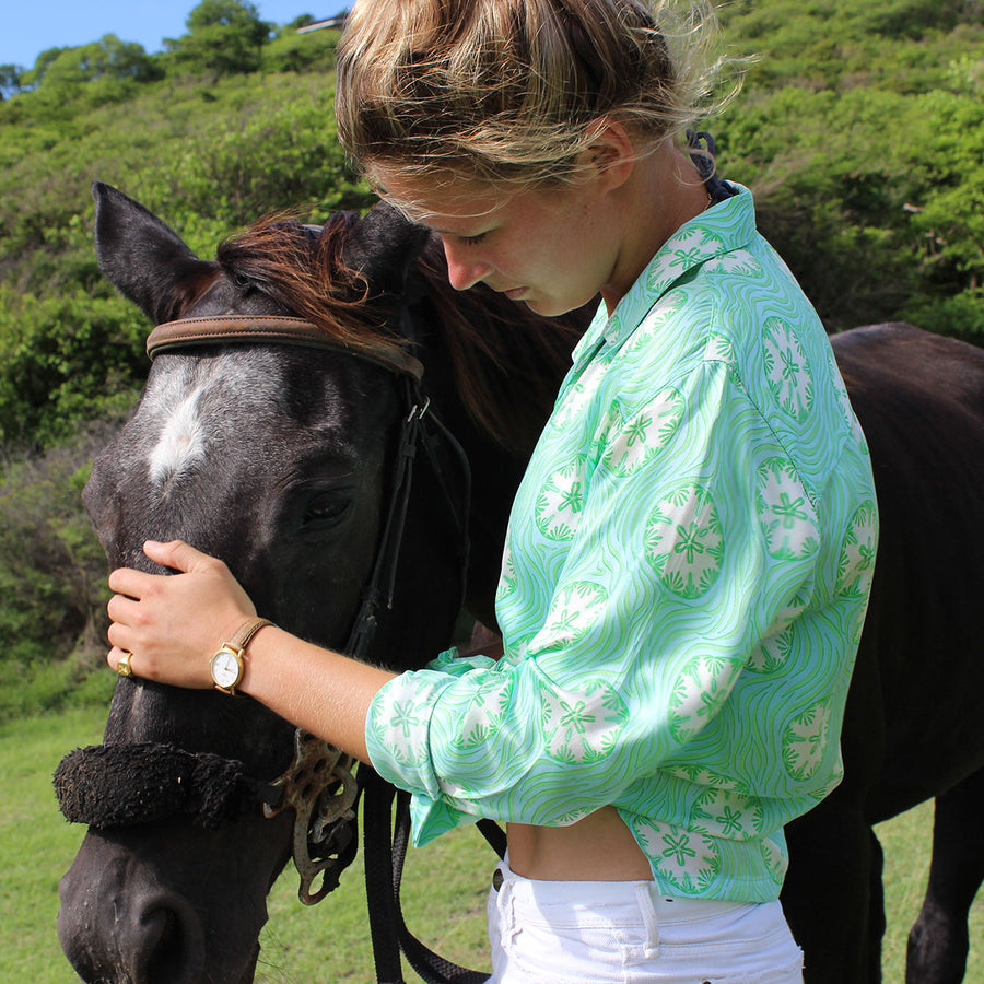 Pure silk shirt in green sand dollar print luxury vacation styles by Lotty B Mustique