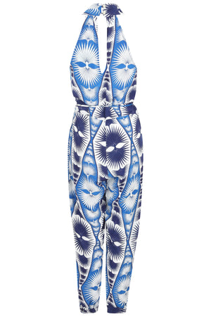 Lotty B Jumpsuit in Silk Crepe-de-Chine: FAN PALM REPEAT - BLUE back