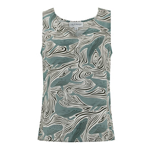 Silk bed to beach top in monochrome whale print designed by Lotty B Mustique