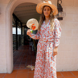 Kim blouse with matching Gabija palazzo pants for wedding party silk suit flamboyant flower orange