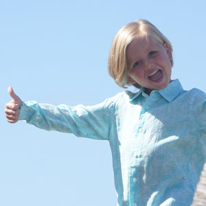 Beautiful linen childrens shirts by Lotty B Mustique - Turquoise Whale print