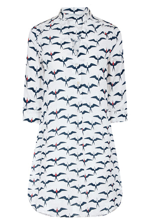 Womens linen holiday dress seaside print Frigate Bird navy blue red & white by Lotty B for Pink House Mustique