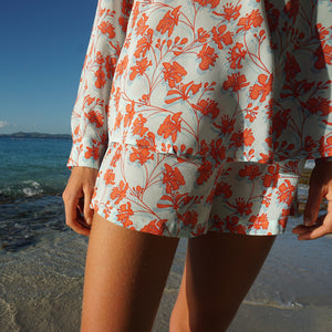 Womens silk Kim blouse Crepe-de-Chine Flamboyant Flower Orange by Lotty B Mustique luxury holiday fashion