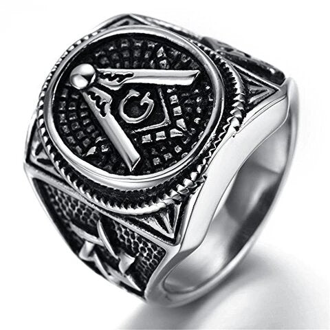  Men’s Stainless Steel Silver Black Vintage Masonic Ring