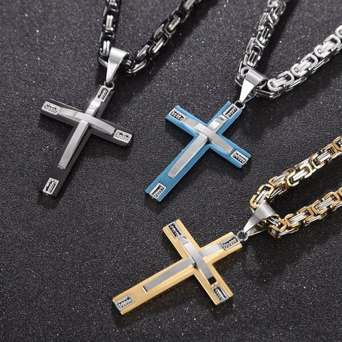 Stainless Steel Cross Pendant with Byzantine Link Necklace