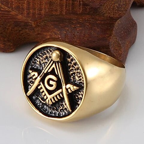  Men's Stainless Steel Golden Polished Masonic Ring