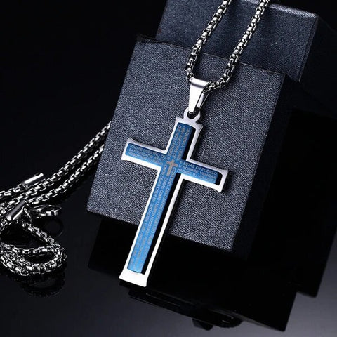 Lord's Prayer Stainless Steel Blue Plated Cross Pendant Necklace