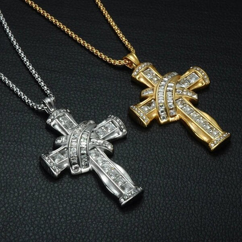 Gold & Silver Plated Hip Hop Stainless Steel Cross Pendant with Cubic Zirconia Necklace