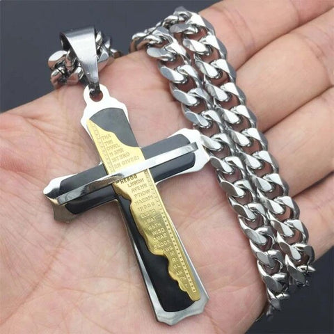 Three Tone Black, Silver and Gold Stainless Steel Lord's Prayer Necklace
