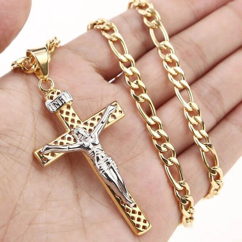 Stainless Steel Jesus Cross Pendant Gold Chain Necklace