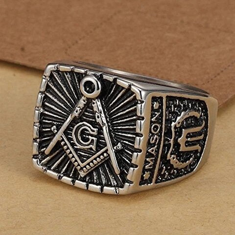 Stainless Steel with Retro Burnished Masonic Design Ring
