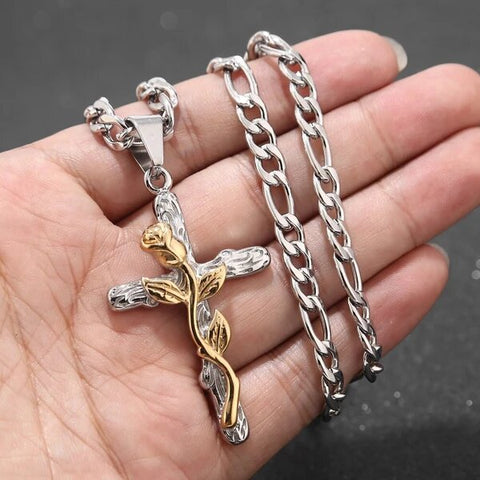 Jesus Cross Rose Charm Pendant Silver Chain Necklace