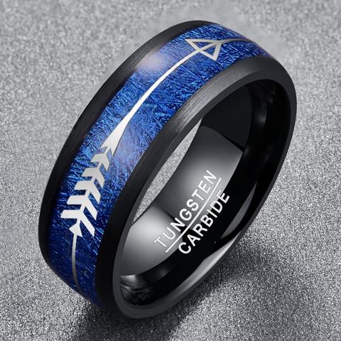 Silver Arrow-Shaped Tungsten Carbide with Inlaid Blue Meteorite Wedding Band