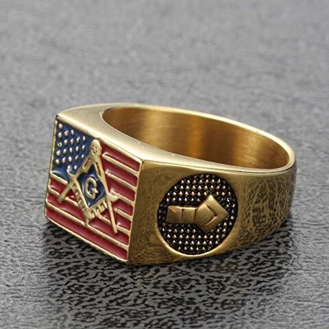 Stainless Steel 18K Gold Plated American Flag Masonic Ring
