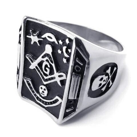 Men’s Stainless Steel Black and Silver Skull Masonic Ring