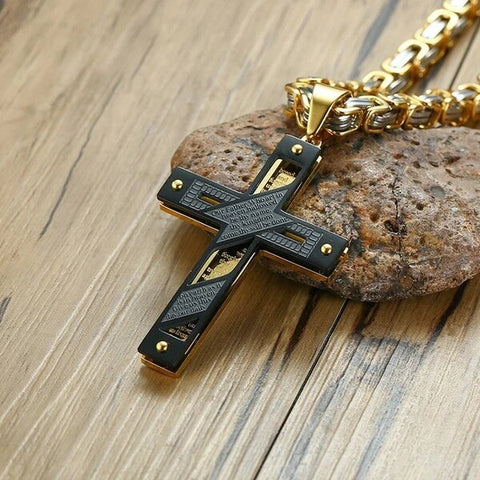 Three Tone Cross Pendant with Punk Byzantine Necklace