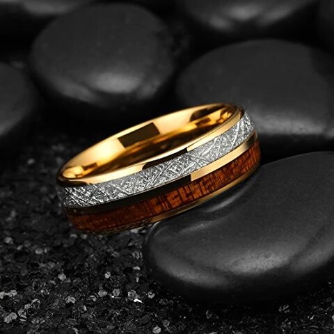 Meteorite Gold Plated Tungsten with Koa Wood Inlay Ring