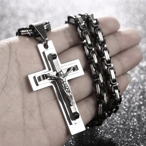 Large Chain Men’s Stainless Steel Black and Silver Cross Pendant Necklace