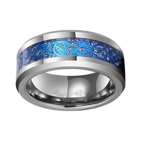 Silver Tone Tungsten Carbide Ring with Blue Dragon Meteorite