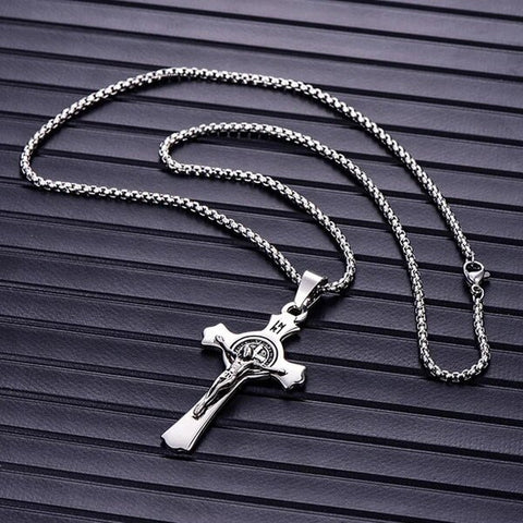 Silver & Black Stainless Steel Christian Pendant Necklace for Men