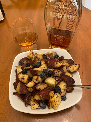 Lemon poppyseed Murasaki sweet potatoes with Angel's Envy bourbon