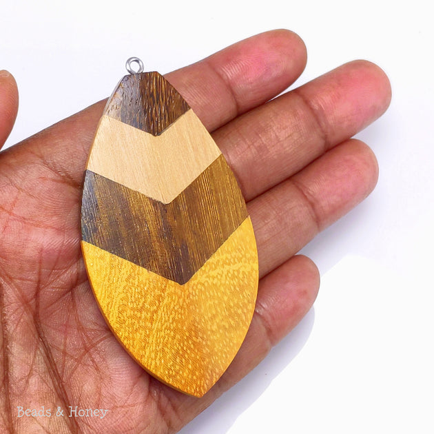 64x47x7mm 1pc Large - ID 2596-PNDT Mosaic Mixed Wood Shield Pendant with Stainless Steel Bail Multicolored Artisan Made Natural Wood
