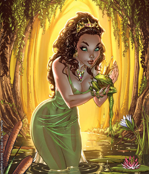Dessin d'une charmante femme avec robe verte transparente, diadème sur la tête et grenouille sur la main