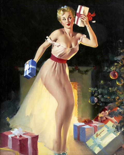 Dessin type année 50 et 60 avec une femme à robe transparente qui tient des cadeaux