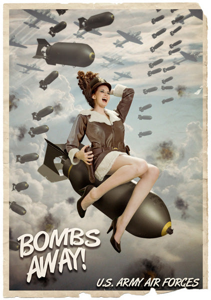 Femme, en blouson aviateur vintage, assise sur une bombe
