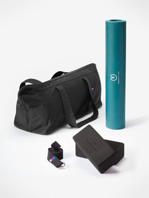 sustainable organic vinyasa flow yoga kit - rubber yoga mat brick pair yoga belt  and bag