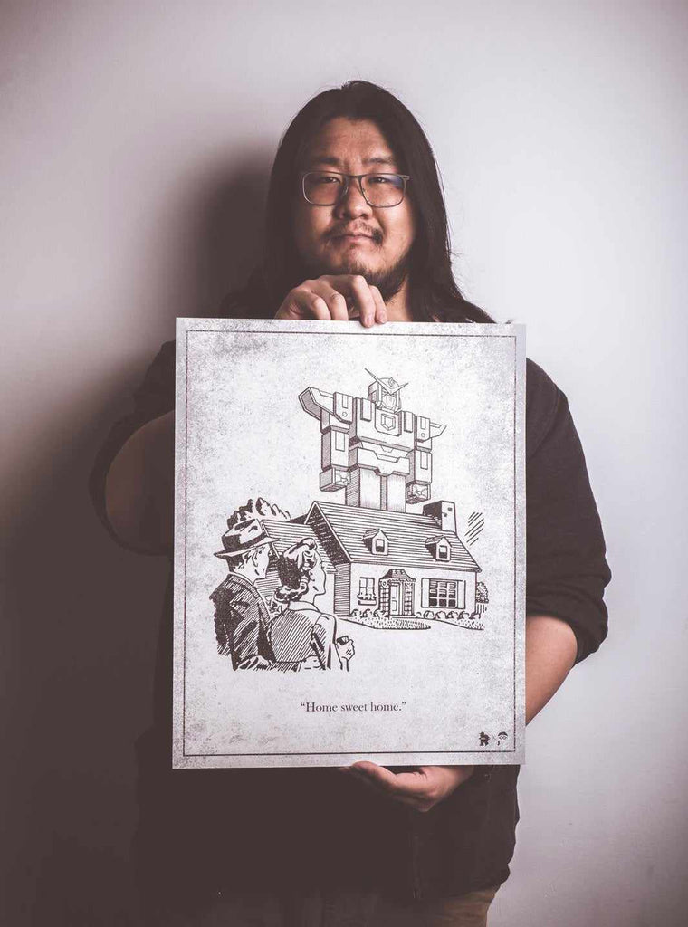 Jordan Wong with retro robot illustration and screen print