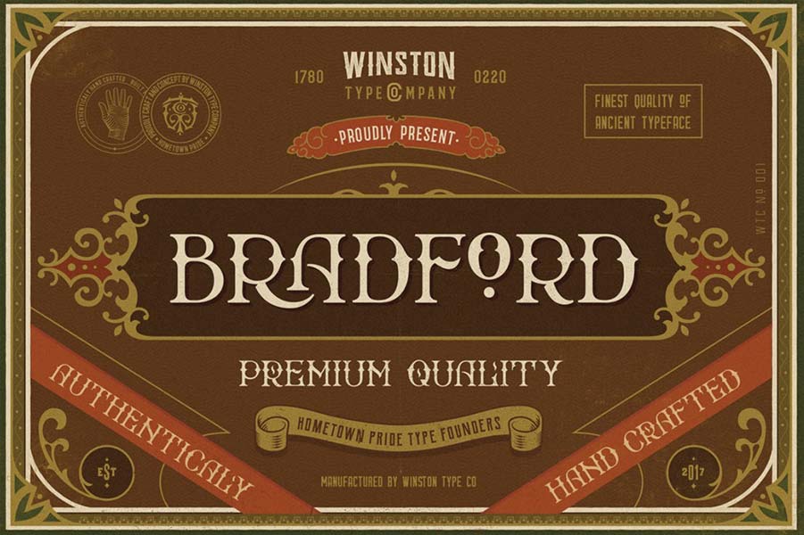 An elaborate display type font inspired by antique signage. Best Free Retro and Vintage Fonts: Bradford