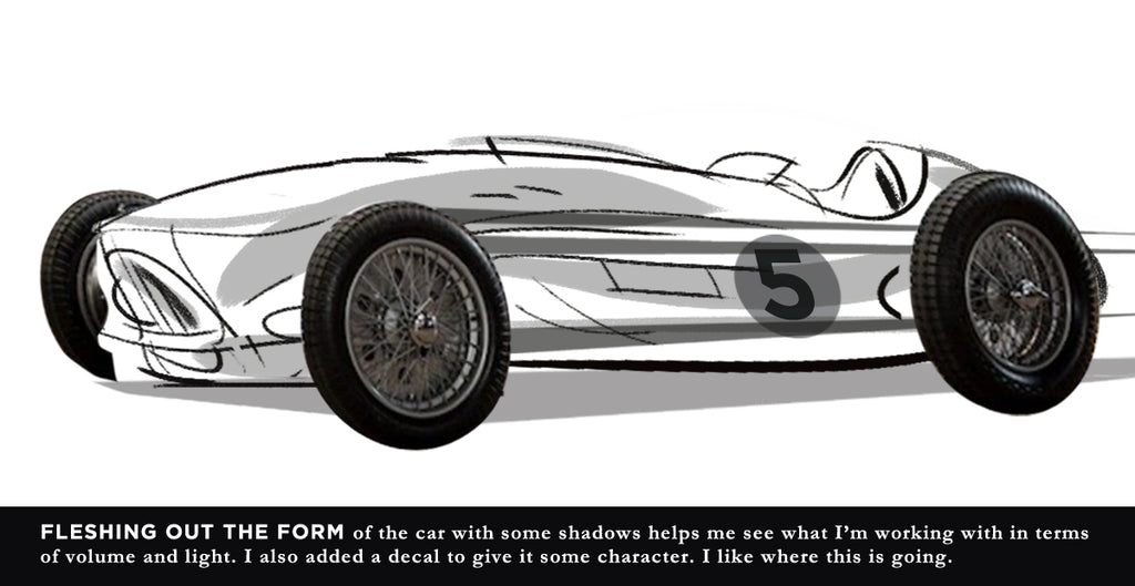 Shaded sketch of roadster with isolated wheels in Photoshop