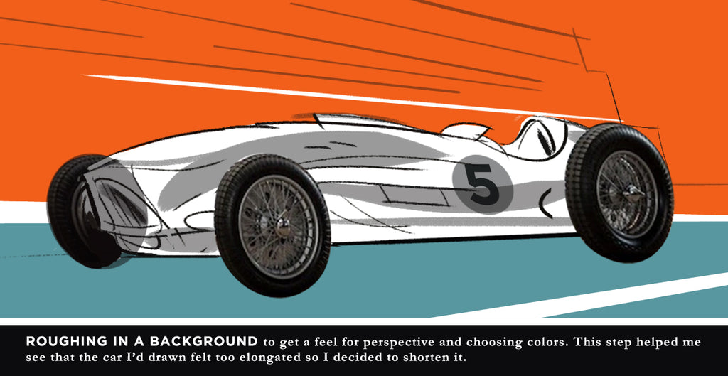 Roadster sketch with roughed in background in Photoshop