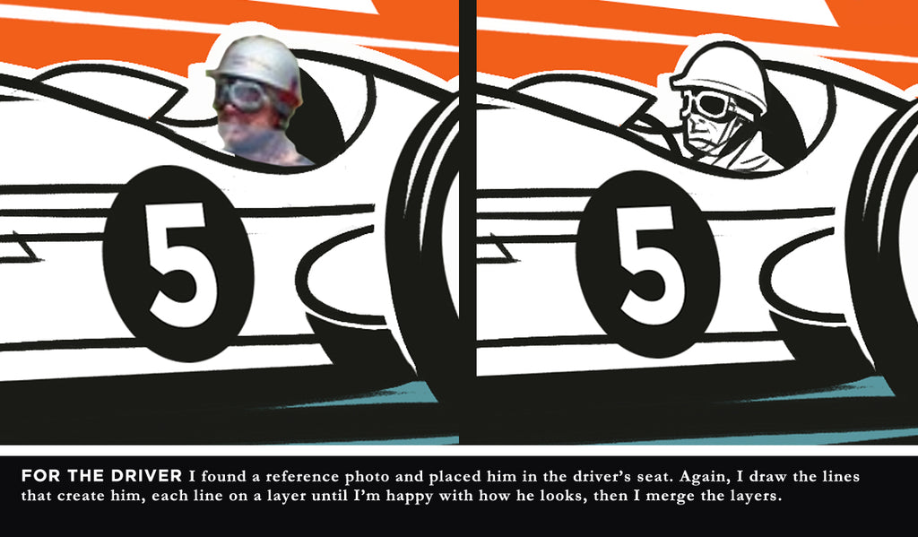 Isolated reference photo of a driver placed on top of roadster drawing to show how it was drawn in Photoshop