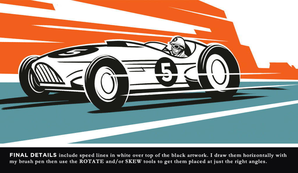Drawing of roadster with speed lines created with the rotate and skew tools in Photoshop