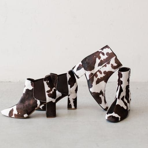 'Rachel' velvet cow print vegan Chelsea bootie by Zette Shoes