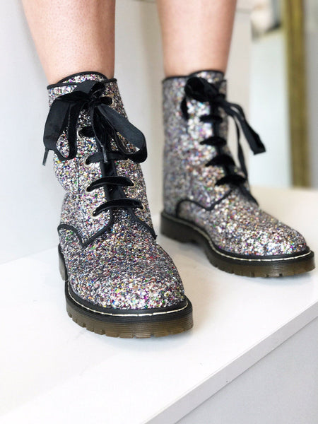 silver glitter combat boots