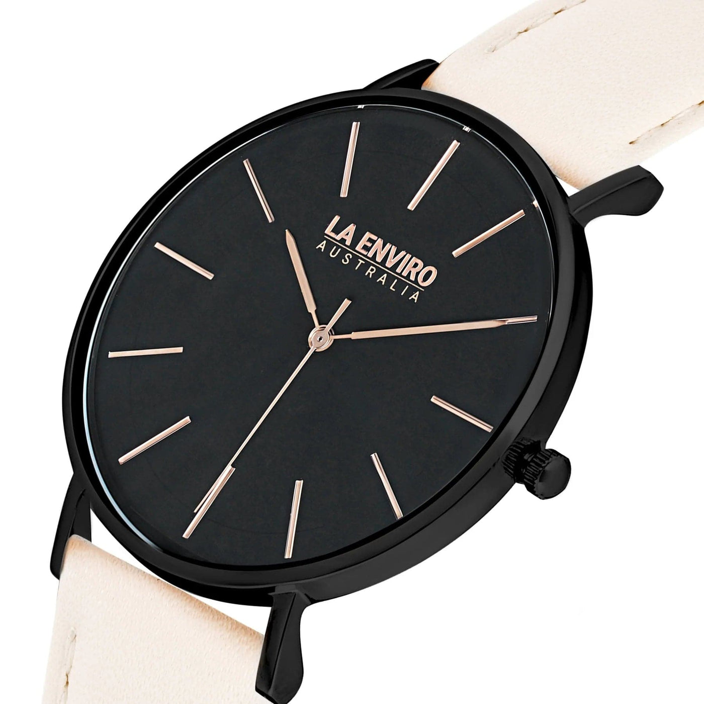 'Tierra' 40mm black watch with nude vegan-leather band and black dial by La Enviro