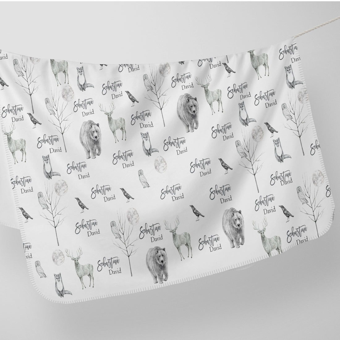 Gray Animals Baby Blanket Swaddle With Name Personalized Baby Blanket Baby Boy Gray Wildlife Animals